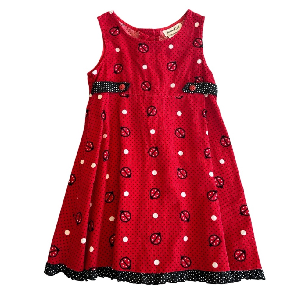 Rare, Too Corduroy Polka Dot Lady Bug Print Flare Tank Dress Girl Size 3